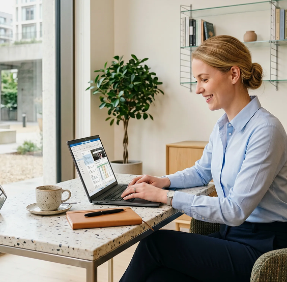 Professional woman using the Brainway app at her workspace to manage her time and stay focused