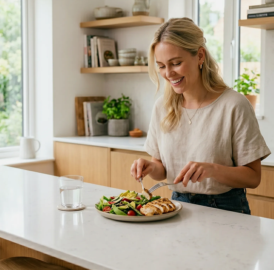 Woman preparing a healthy anti-inflammatory meal at home - Flame Diet personalized nutrition plan