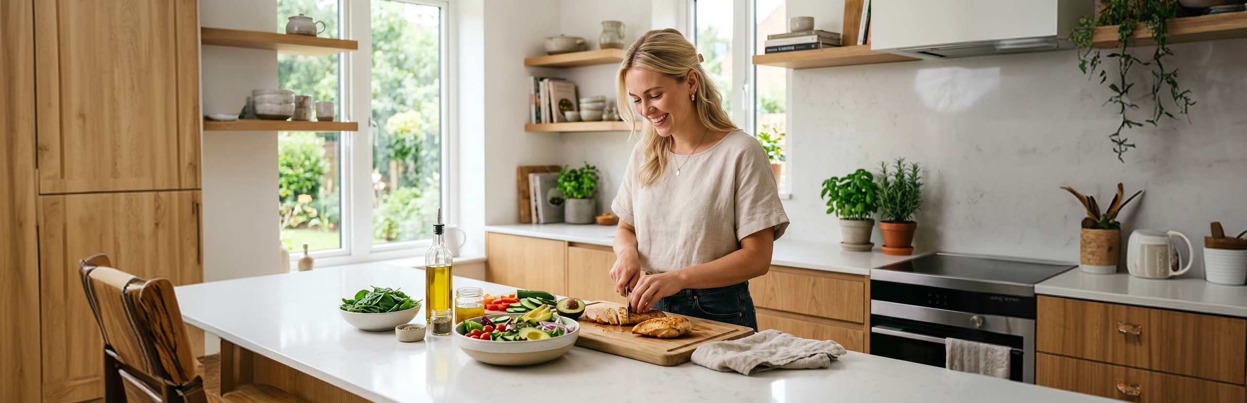 Woman preparing a fresh anti-inflammatory meal from her personalized Flame Diet plan in her kitchen