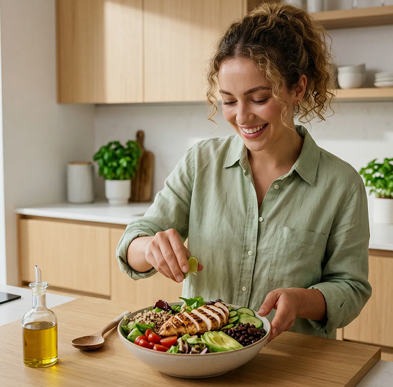 GLP Diet Woman preparing a GLP-1 friendly recipe from her personalized GLP Diet meal plan