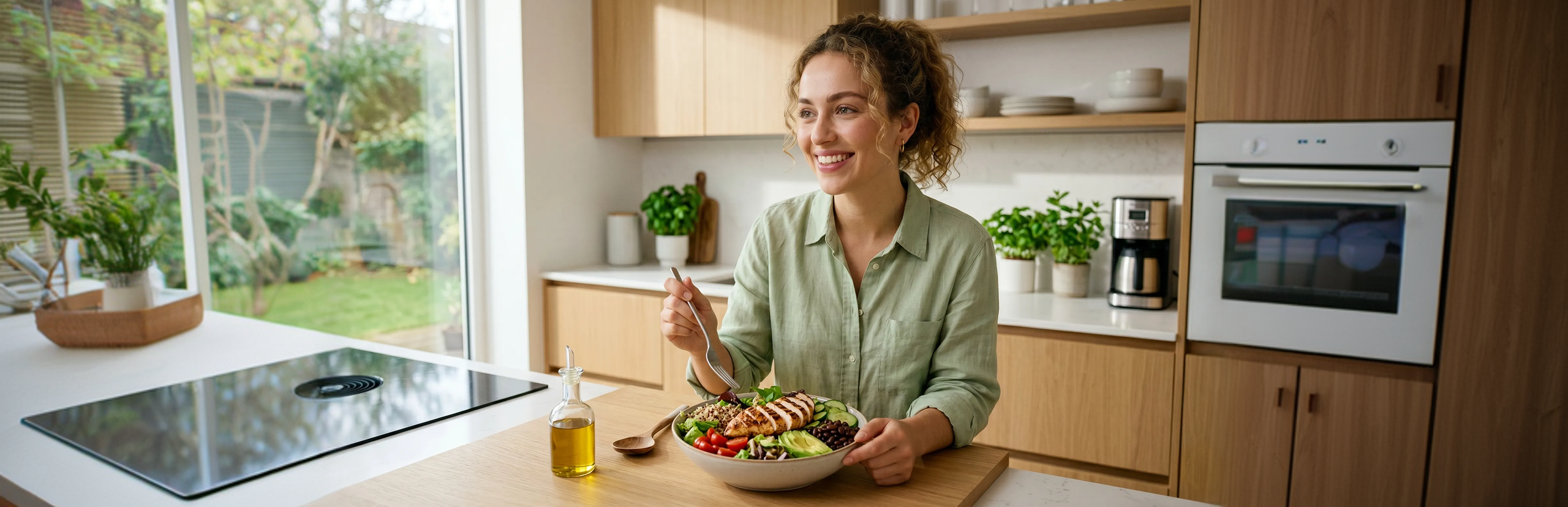 GLP Diet user enjoying a personalized GLP-1 friendly meal – balanced nutrition for sustainable weight loss at home