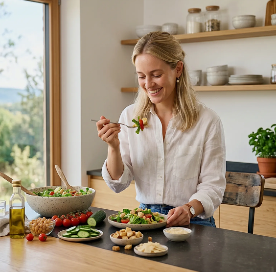 Femme préparant un repas sain à base de plantes chez elle - Programme de nutrition personnalisé Green Diet
