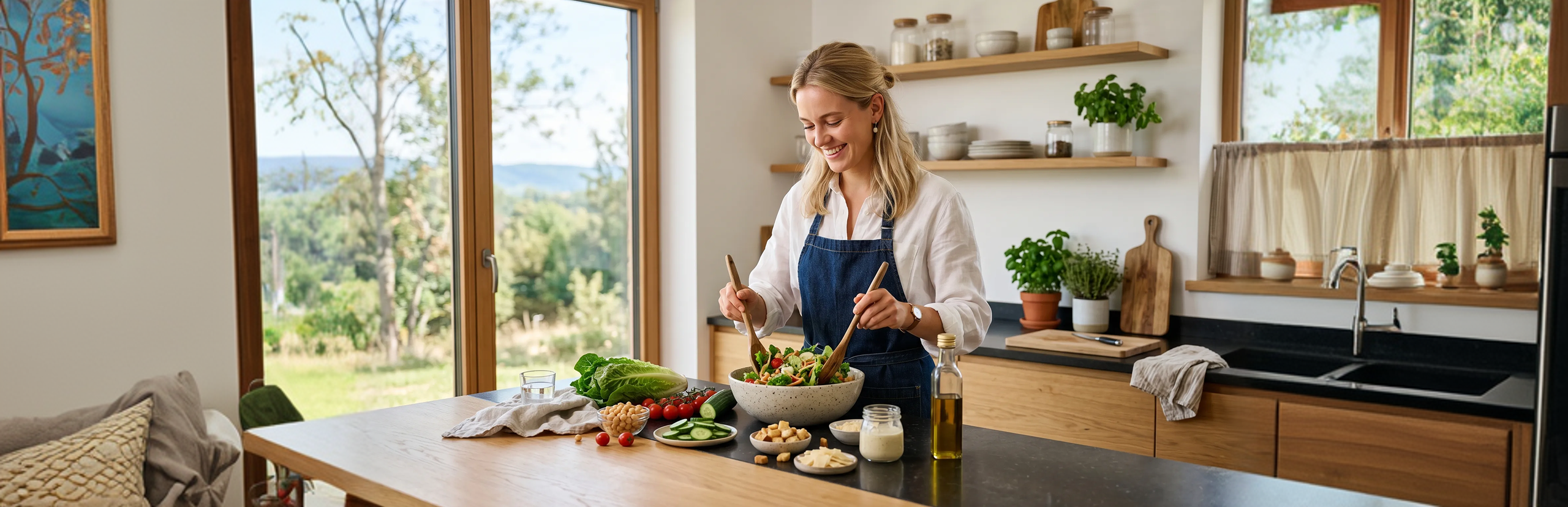 Une femme préparant un repas frais à base de plantes à partir de son programme personnalisé Green Diet dans sa cuisine
