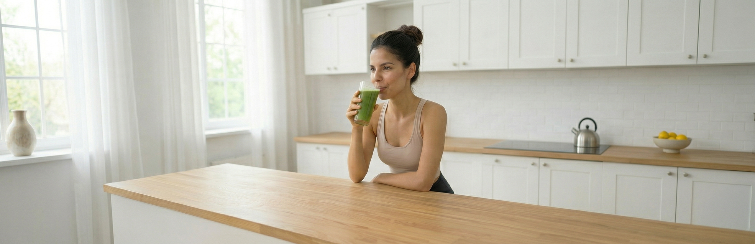 Alt text: Donna in menopausa che beve un frullato verde "amico" degli ormoni dal suo piano alimentare personalizzato Harmony Diet
