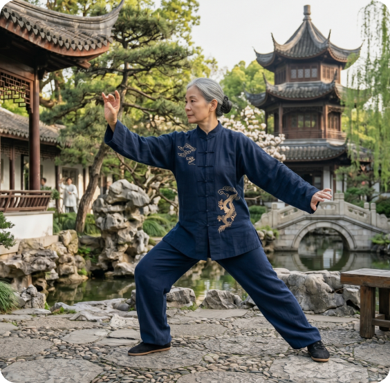 Koi Yoga Woman practicing a calm Qigong session at home - Koi Yoga personalized wellness plan