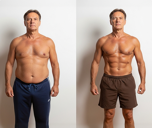 Resultado de un usuario real de Menletics: Ludwig P., 50 años, antes y después del plan de entrenamiento de calistenia de Menletics para ganar músculo magro y perder grasa Resultado de un usuario real de Menletics: Ludwig P., 50 años, antes y después del plan de entrenamiento de calistenia de Menletics para ganar músculo magro y perder grasa
