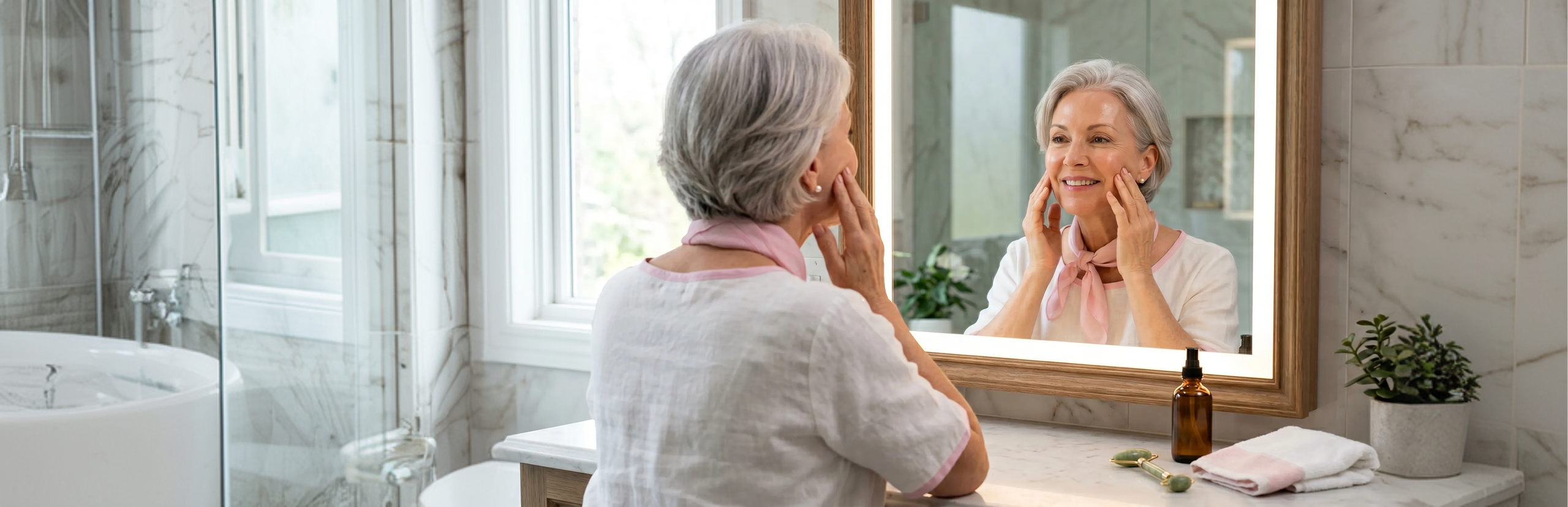 Woman doing her personalized Nord Yoga face yoga routine at home for a natural anti-aging glow