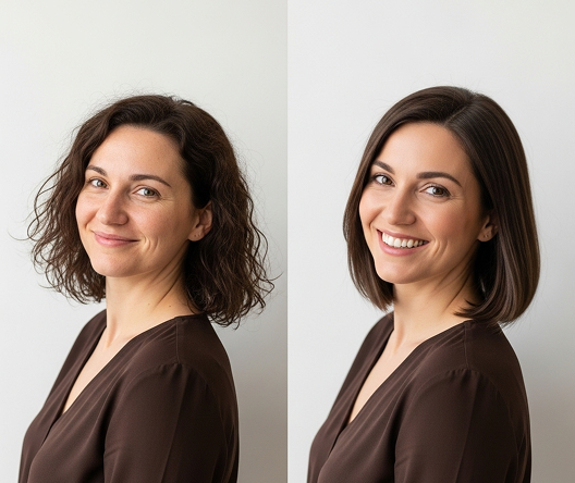 Real Nord Yoga result - Sarah B. aged 38. User before and after following the Nord Yoga personalized face yoga plan for softer fine lines