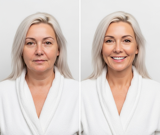 Nord Yoga real user result - Catherine L. aged 42 before and after the personalized face yoga plan for lifted features and a natural glow