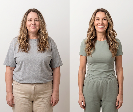 Real Peptide Diet result - Linda S. aged 57. User before and after following the Peptide Diet personalized meal plan alongside GLP-1 peptides for weight loss Real Peptide Diet result - Linda S. aged 57. User before and after following the Peptide Diet personalized meal plan alongside GLP-1 peptides for weight loss