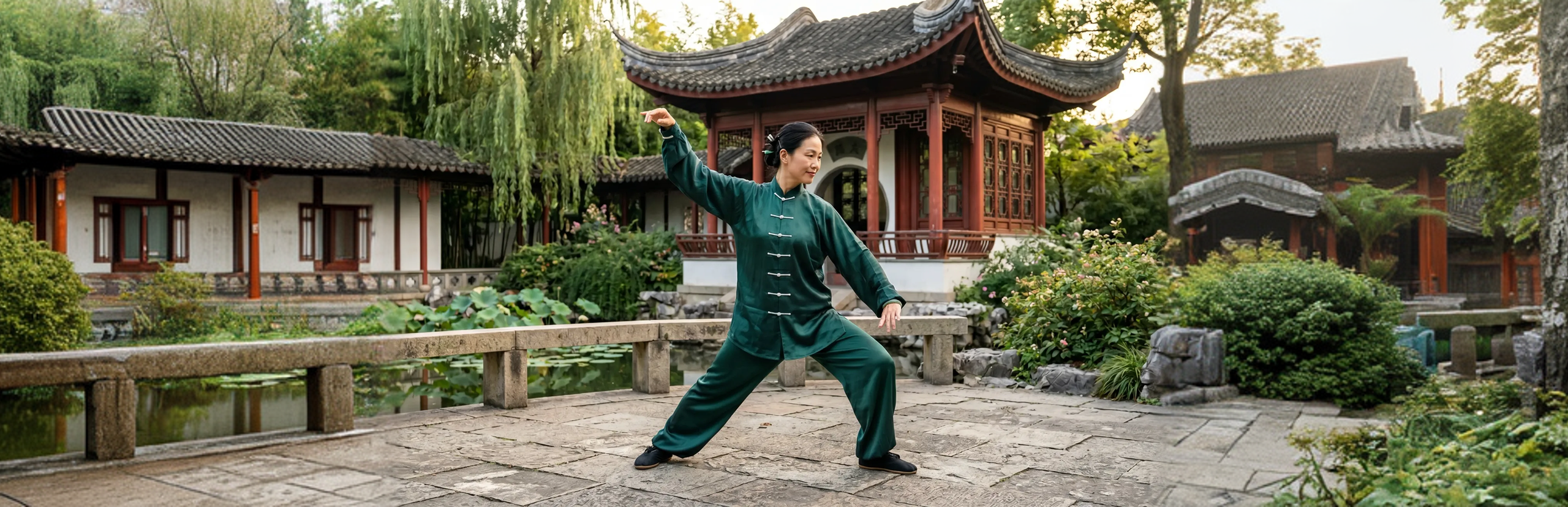 Woman practicing a gentle Taioga Tai Chi session at home with her personalized wellness plan