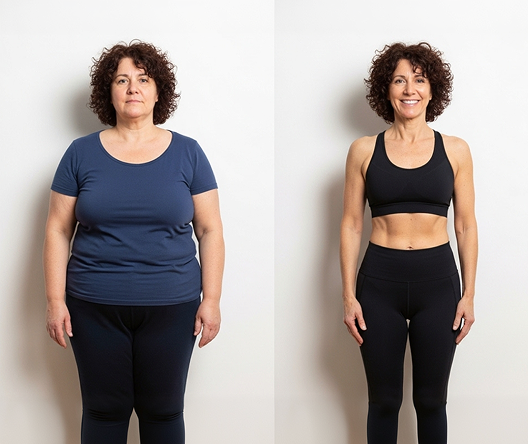 Real Walking Yoga result - Karen M. aged 53. User before and after doing Walking Yoga personalized walking plan for weight-loss